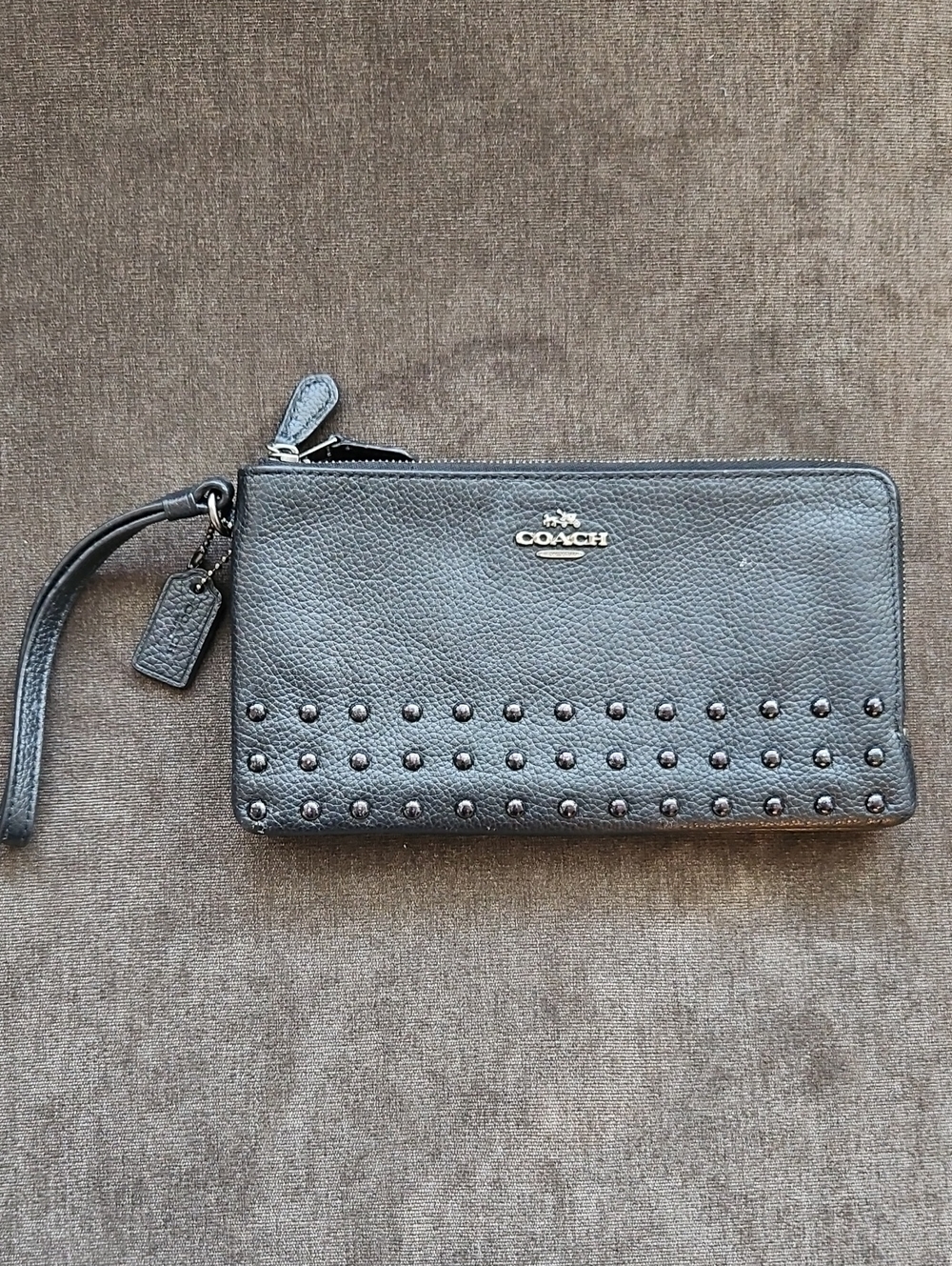 Coach Black Pebbled Leather Studded Wristlet Wallet
